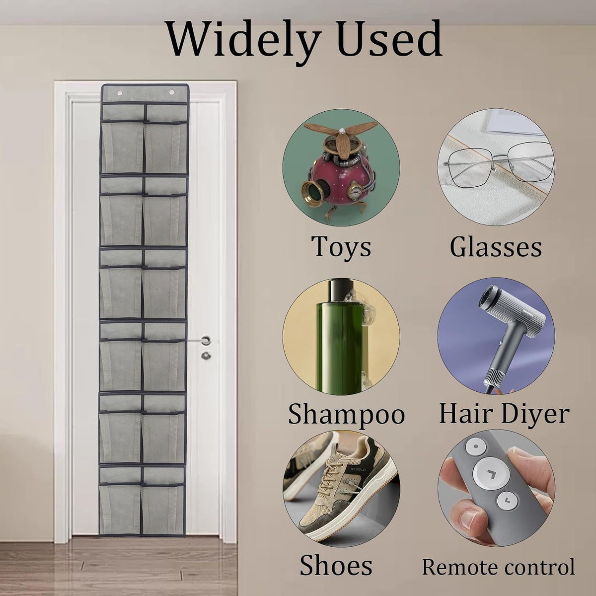 Gray Over-Door Shoe Organizer with 12 Large Pockets for Efficient Closet Storage and Space-Saving Accessory Management