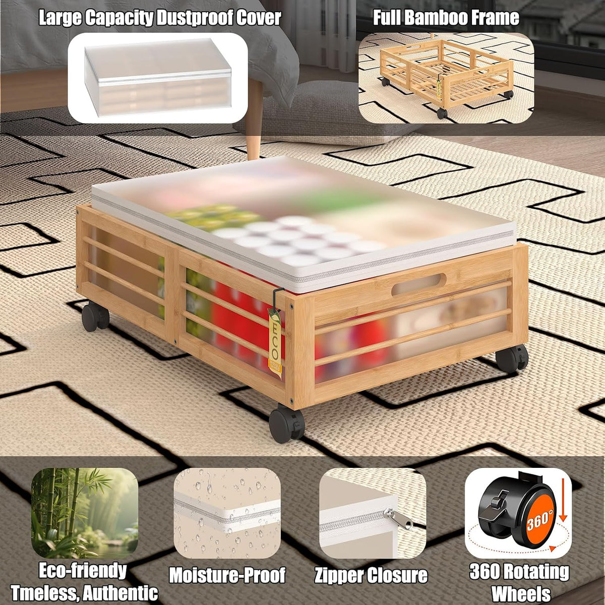 Bamboo Under-Bed Storage Drawers with Wheels - Set of 2 for Clothes and Toy Organization