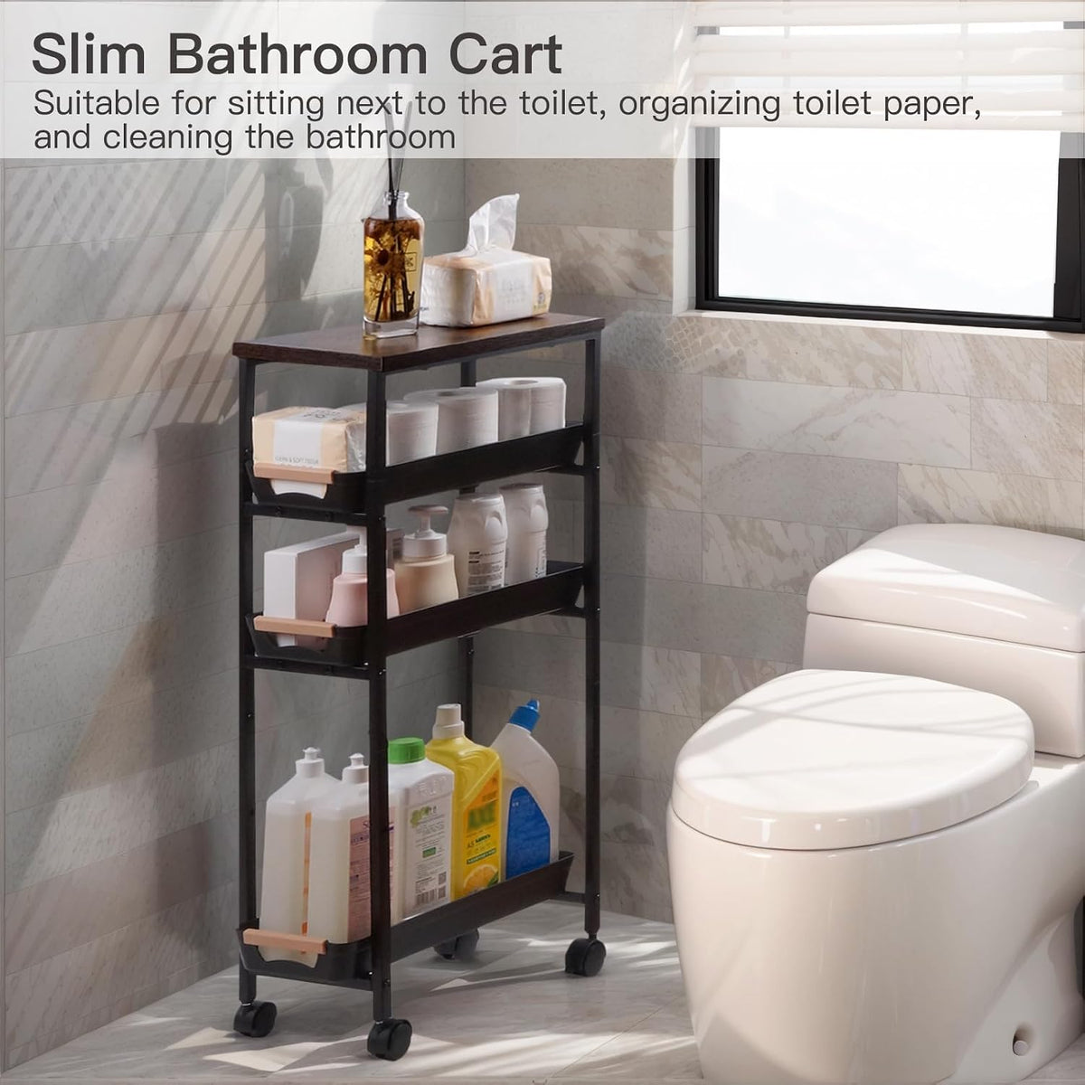 Narrow 5-Tier Rolling Storage Cart with Wood Top in Black