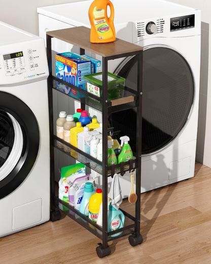 4-Tier Slim Utility Rolling Laundry Cart with Wheels in Black