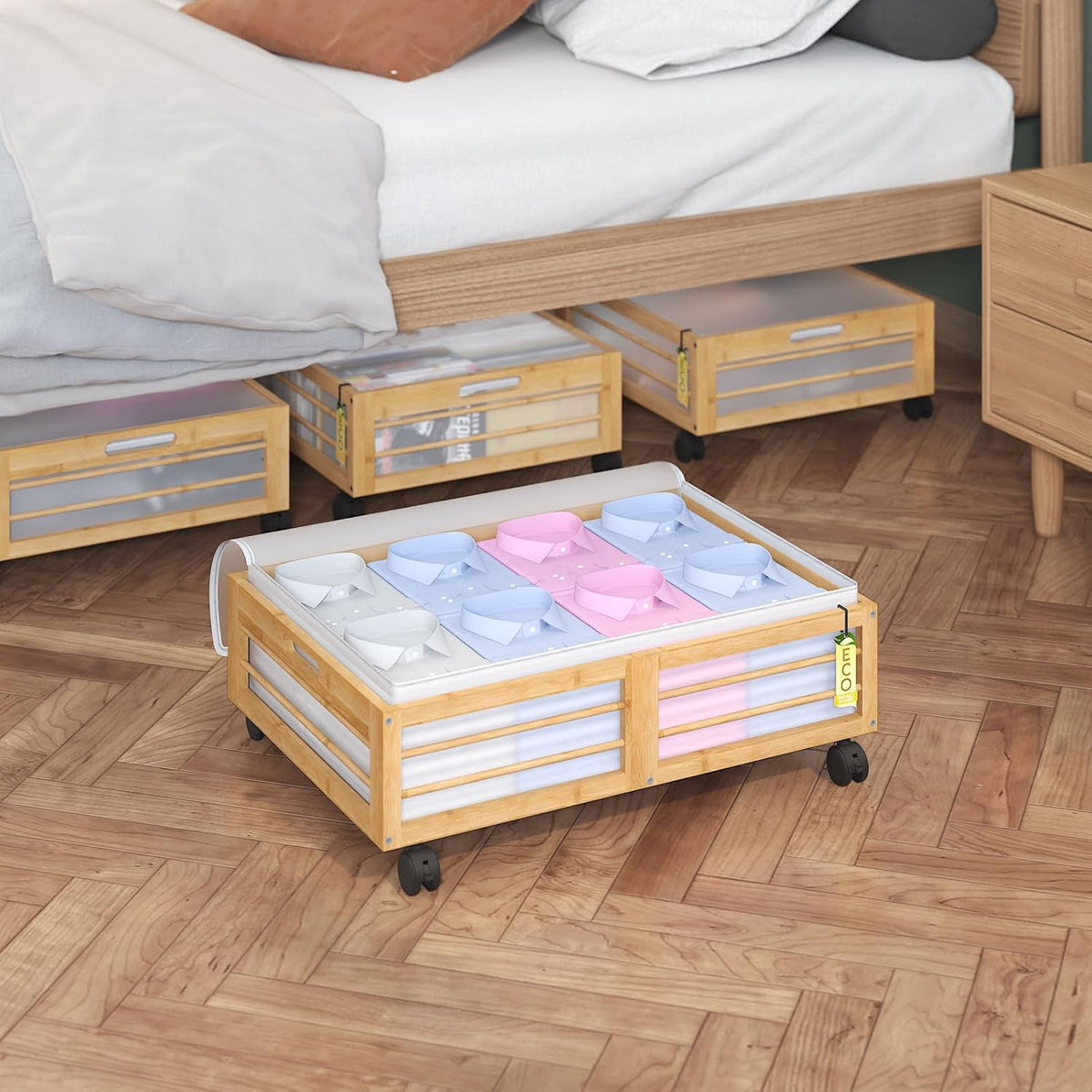 Bamboo Under-Bed Storage Drawers with Wheels - Set of 2 for Clothes and Toy Organization