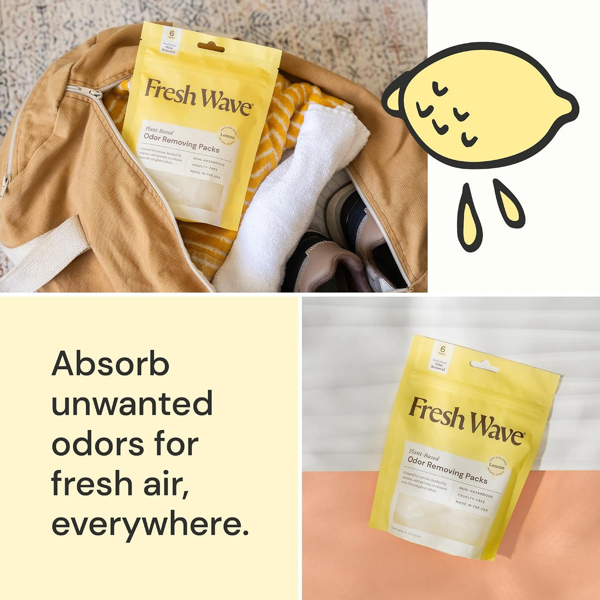 Odor Eliminator Pack, 6-Count for Small Spaces and Closets, Lemon Scent