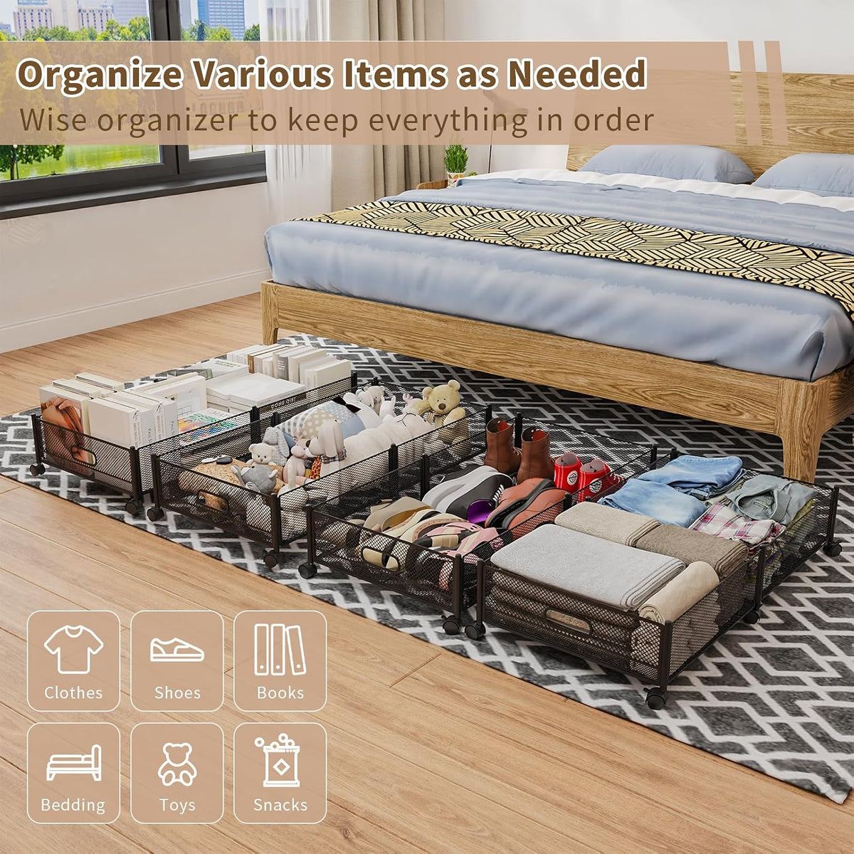 Large Rolling Under Bed Storage Container with Wheels, 31.5In / 35L, Tool-Free Assembly Metal Organizer for Shoes, Clothes, and Toys