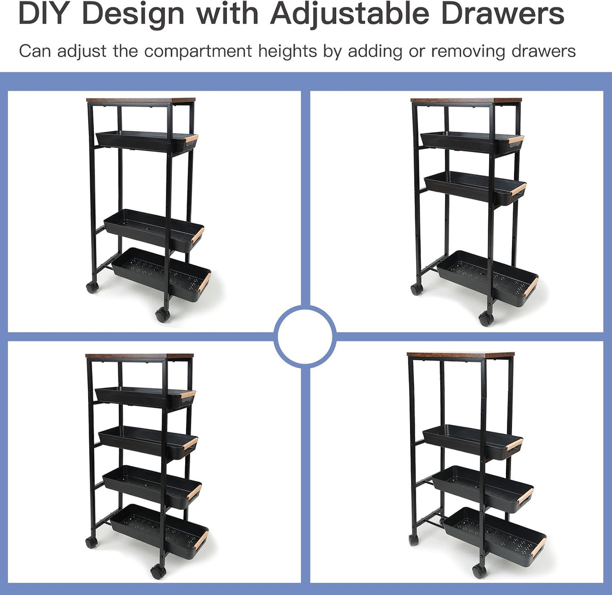 Narrow 5-Tier Rolling Storage Cart with Wood Top in Black