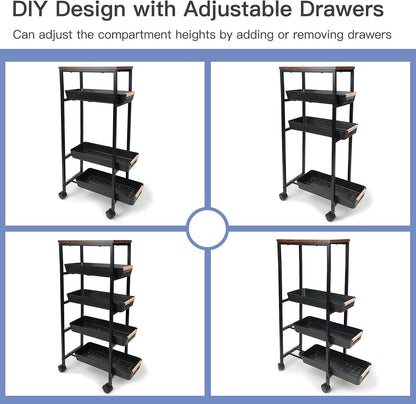 Narrow 5-Tier Rolling Storage Cart with Wood Top in Black