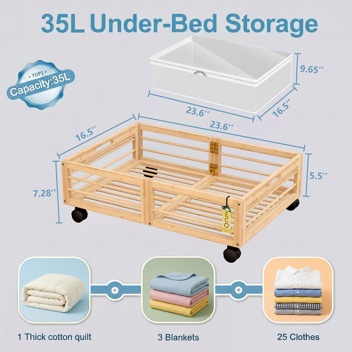 Bamboo Under-Bed Storage Drawers with Wheels - Set of 2 for Clothes and Toy Organization