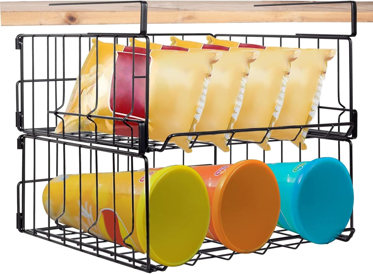 Under-Shelf Storage Baskets, 2-Pack Foldable Metal Wire Racks for Kitchen, Pantry, Office, and Home Organization - Easy Installation (Black)