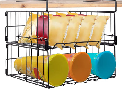 Under-Shelf Storage Baskets, 2-Pack Foldable Metal Wire Racks for Kitchen, Pantry, Office, and Home Organization - Easy Installation (Black)