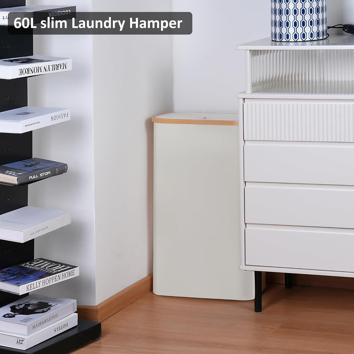 Slim Narrow Laundry Hamper with Lid, 60L Capacity, Bamboo Handle for Efficient Towel and Clothing Organization, Beige