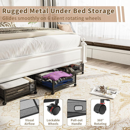 Large Rolling Under Bed Storage Container with Wheels, 31.5In / 35L, Tool-Free Assembly Metal Organizer for Shoes, Clothes, and Toys