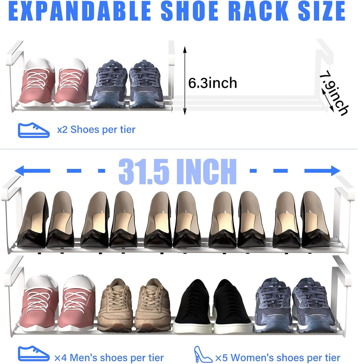 Expandable Shoe Rack Shelf Organizer Set for Closet - White (2 Pieces)