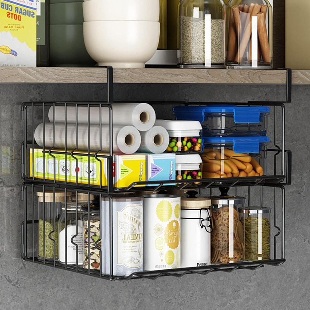Under-Shelf Storage Baskets, 2-Pack Foldable Metal Wire Racks for Kitchen, Pantry, Office, and Home Organization - Easy Installation (Black)