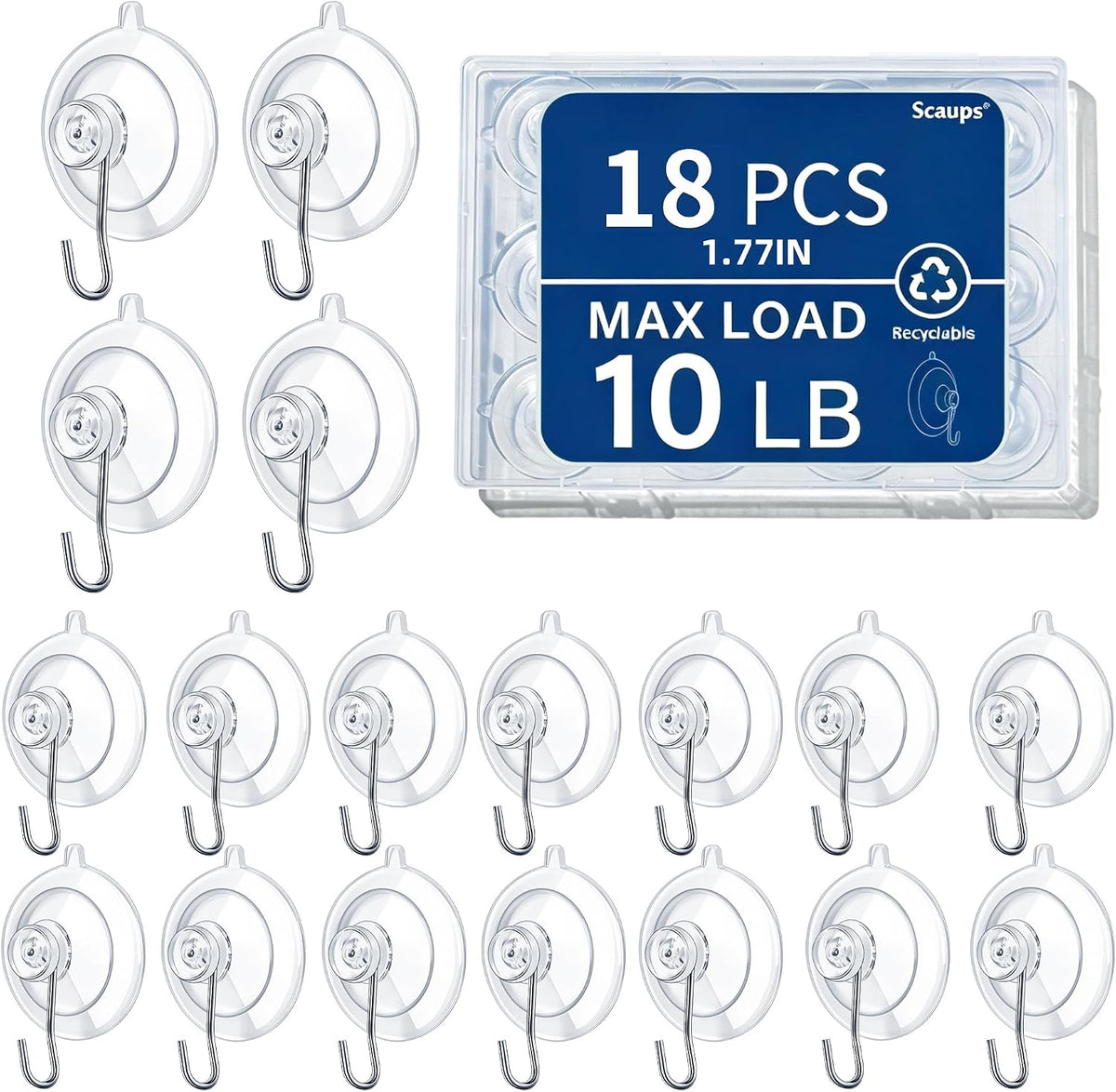 18-Pack Suction Cup Hooks, 10LB Max Load, 1.77-Inch Reusable Hooks for Glass, Windows, Bathrooms, Kitchens, Tiles, and Shower Cubicles