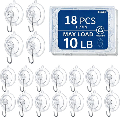 18-Pack Suction Cup Hooks, 10LB Max Load, 1.77-Inch Reusable Hooks for Glass, Windows, Bathrooms, Kitchens, Tiles, and Shower Cubicles