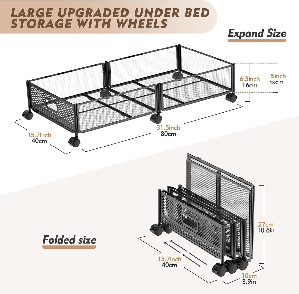 Large Rolling Under Bed Storage Container with Wheels, 31.5In / 35L, Tool-Free Assembly Metal Organizer for Shoes, Clothes, and Toys