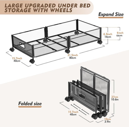 Large Rolling Under Bed Storage Container with Wheels, 31.5In / 35L, Tool-Free Assembly Metal Organizer for Shoes, Clothes, and Toys