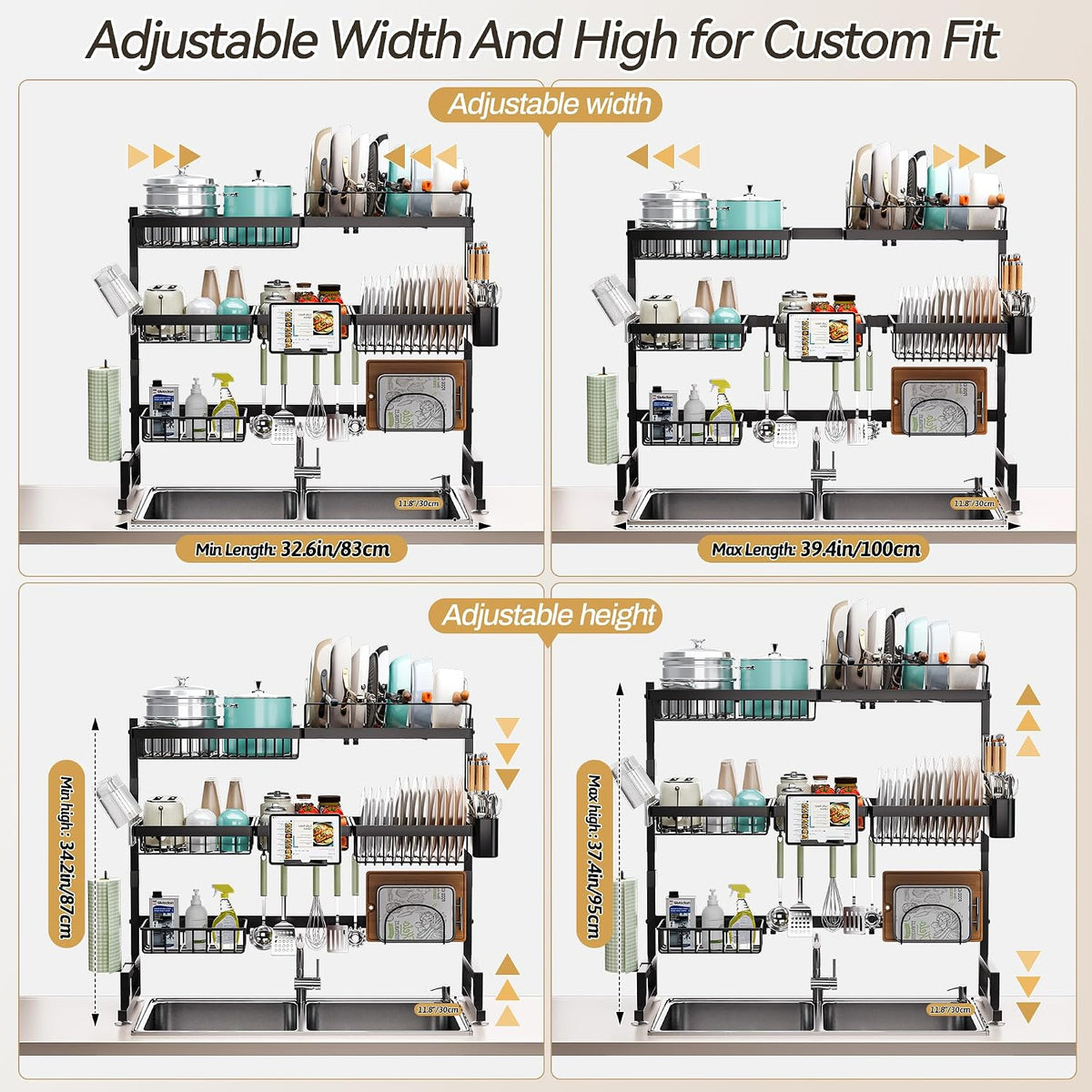 Expandable Over-Sink Dish Drying Rack with Snap-On Design - Large Dish Drainer and Storage Organizer (32-40L x 12W x 34-38H inches)