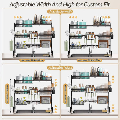 Expandable Over-Sink Dish Drying Rack with Snap-On Design - Large Dish Drainer and Storage Organizer (32-40L x 12W x 34-38H inches)