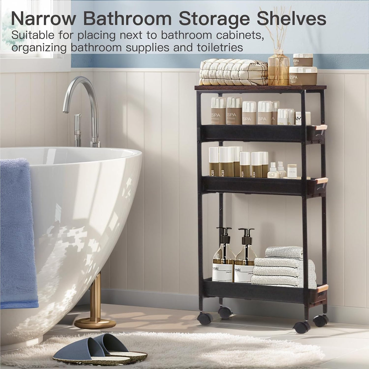 Narrow 5-Tier Rolling Storage Cart with Wood Top in Black
