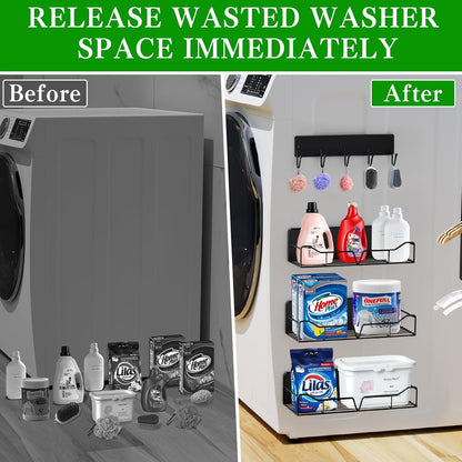 Heavy-Duty Magnetic Shelves for Washing Machines and Refrigerators - 5-Pack Metal Storage Rack with Hooks and Towel Holder for Laundry Room Organization (Black)