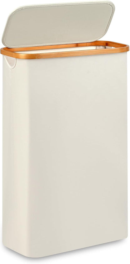 Slim Narrow Laundry Hamper with Lid, 60L Capacity, Bamboo Handle for Efficient Towel and Clothing Organization, Beige