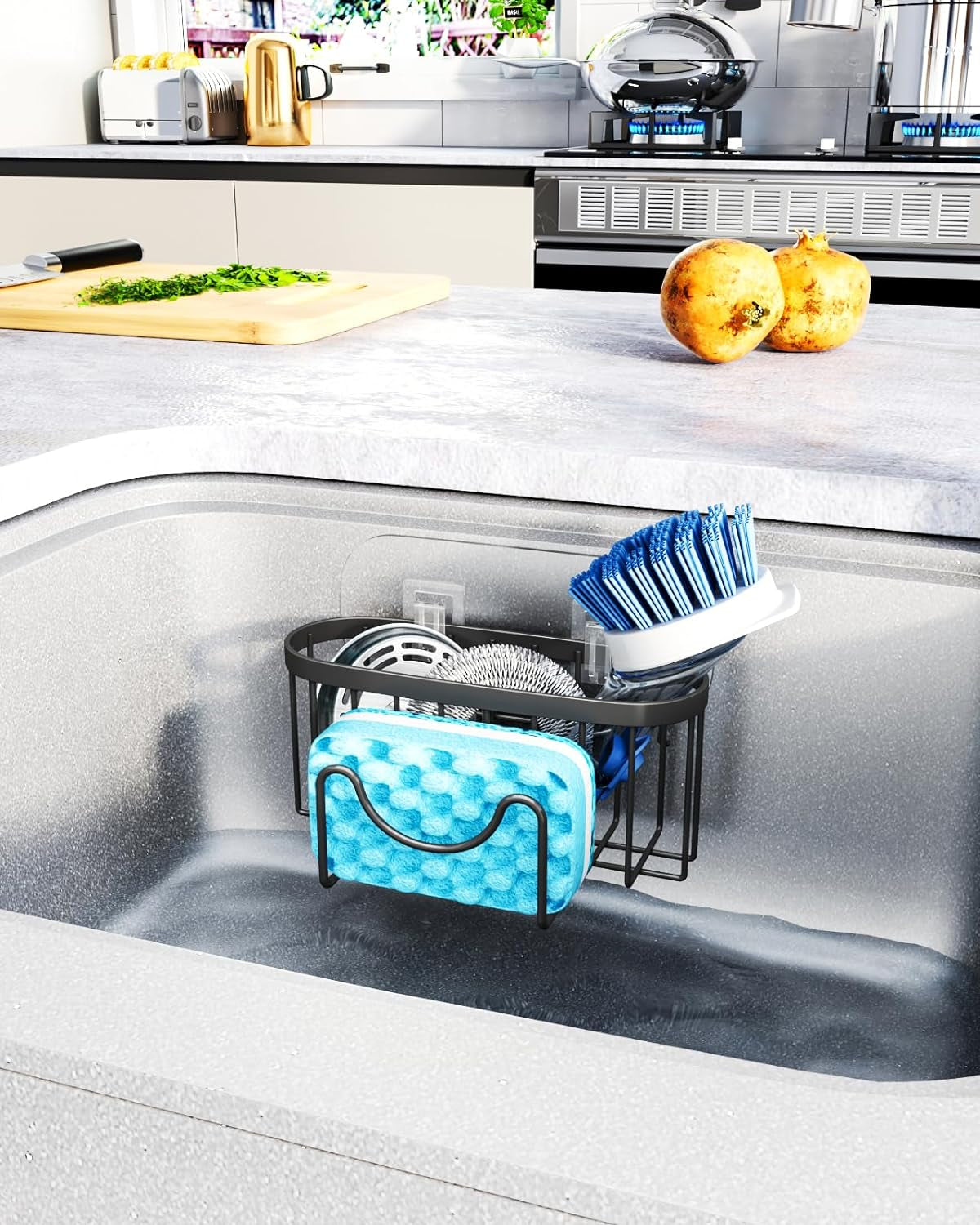 Multifunctional M-Shaped Sponge Holder with Dual Installation Options - Rustproof Stainless Steel Kitchen Sink Organizer in Black