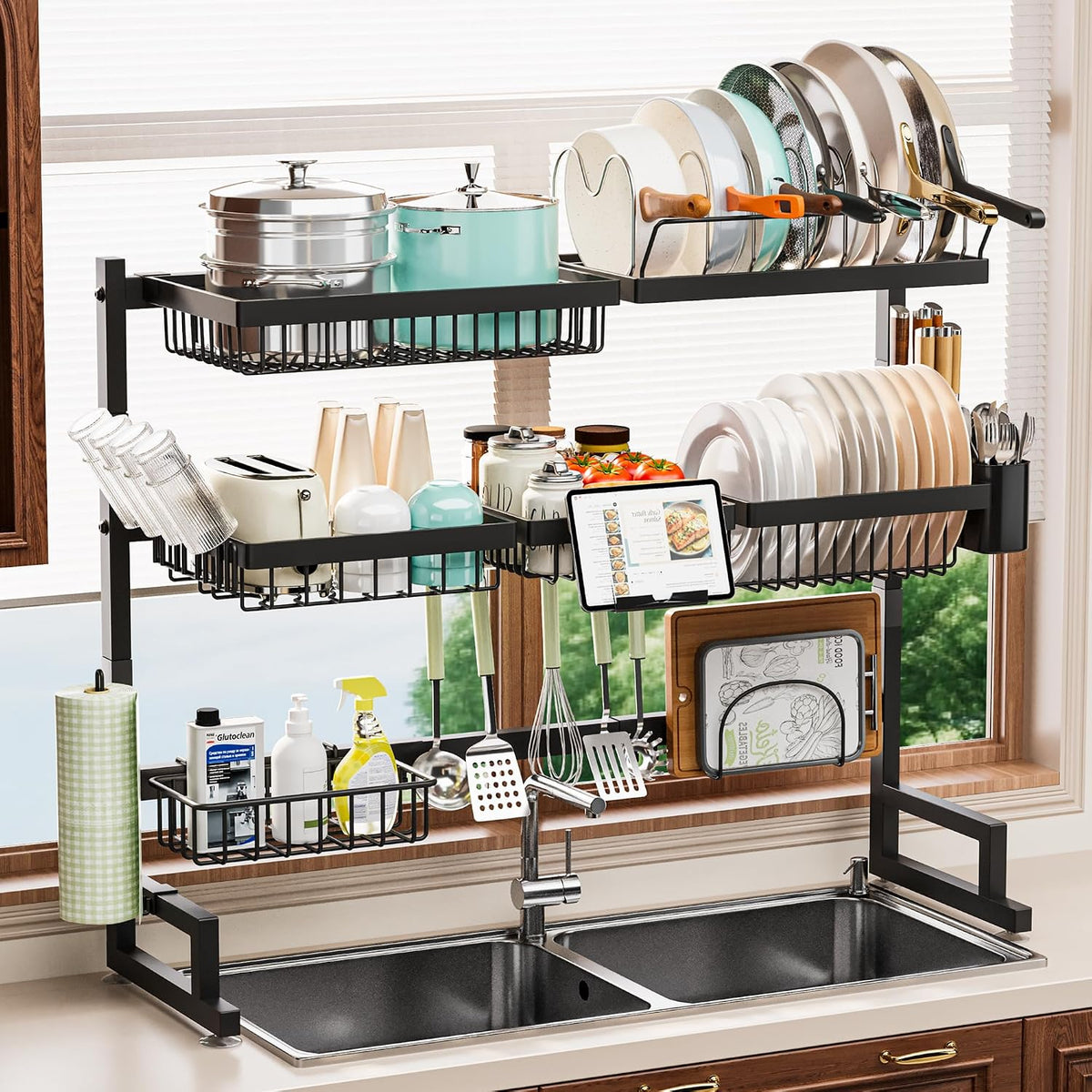 Expandable Over-Sink Dish Drying Rack with Snap-On Design - Large Dish Drainer and Storage Organizer (32-40L x 12W x 34-38H inches)
