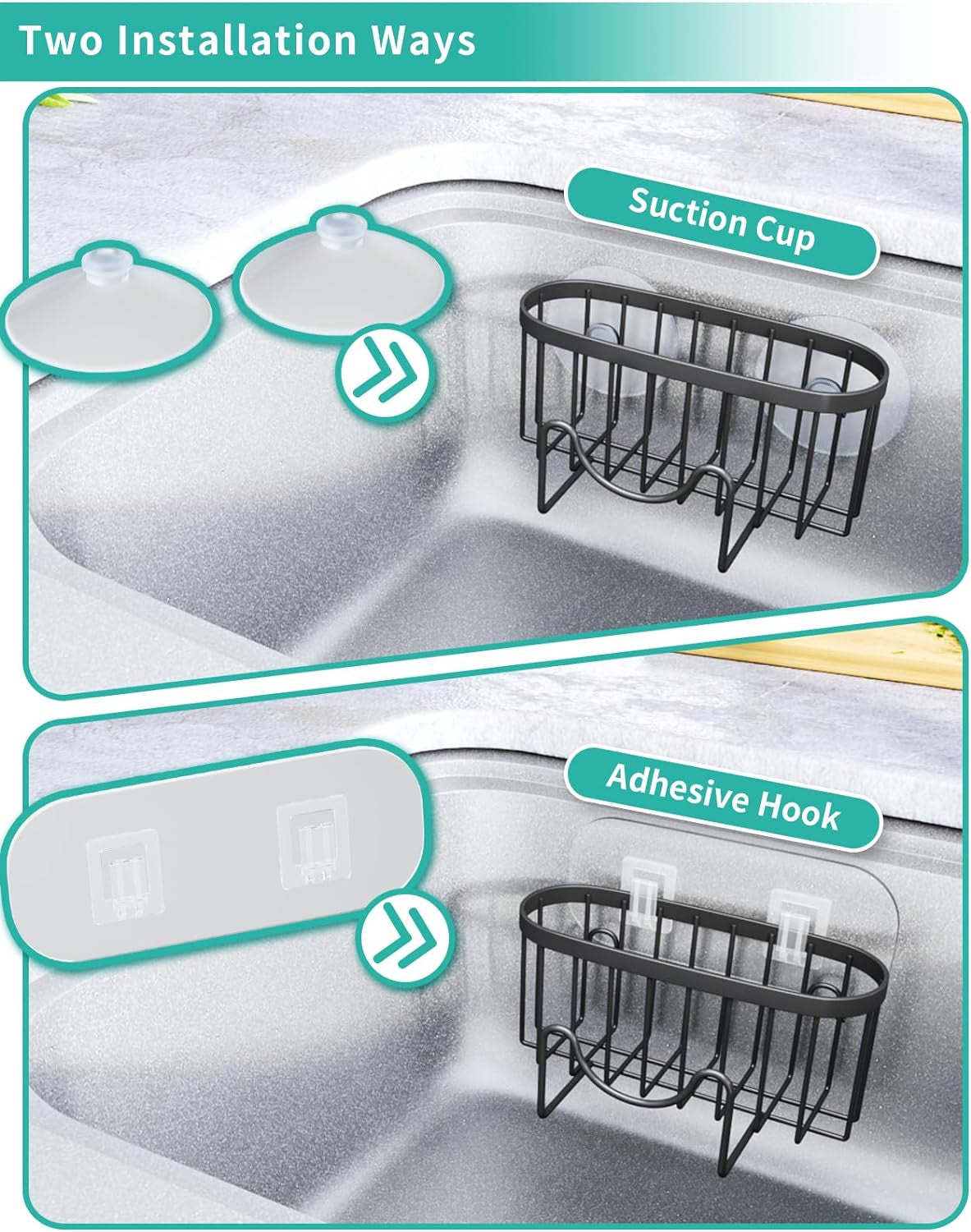 Multifunctional M-Shaped Sponge Holder with Dual Installation Options - Rustproof Stainless Steel Kitchen Sink Organizer in Black