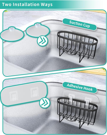 Multifunctional M-Shaped Sponge Holder with Dual Installation Options - Rustproof Stainless Steel Kitchen Sink Organizer in Black