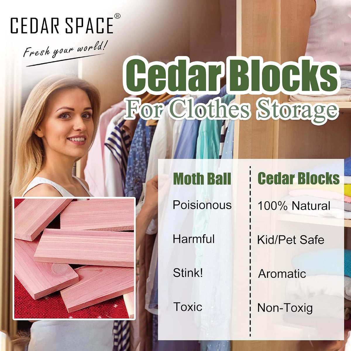 Cedar Wood Storage Blocks for Clothing, Set of 32 Cedar Chips