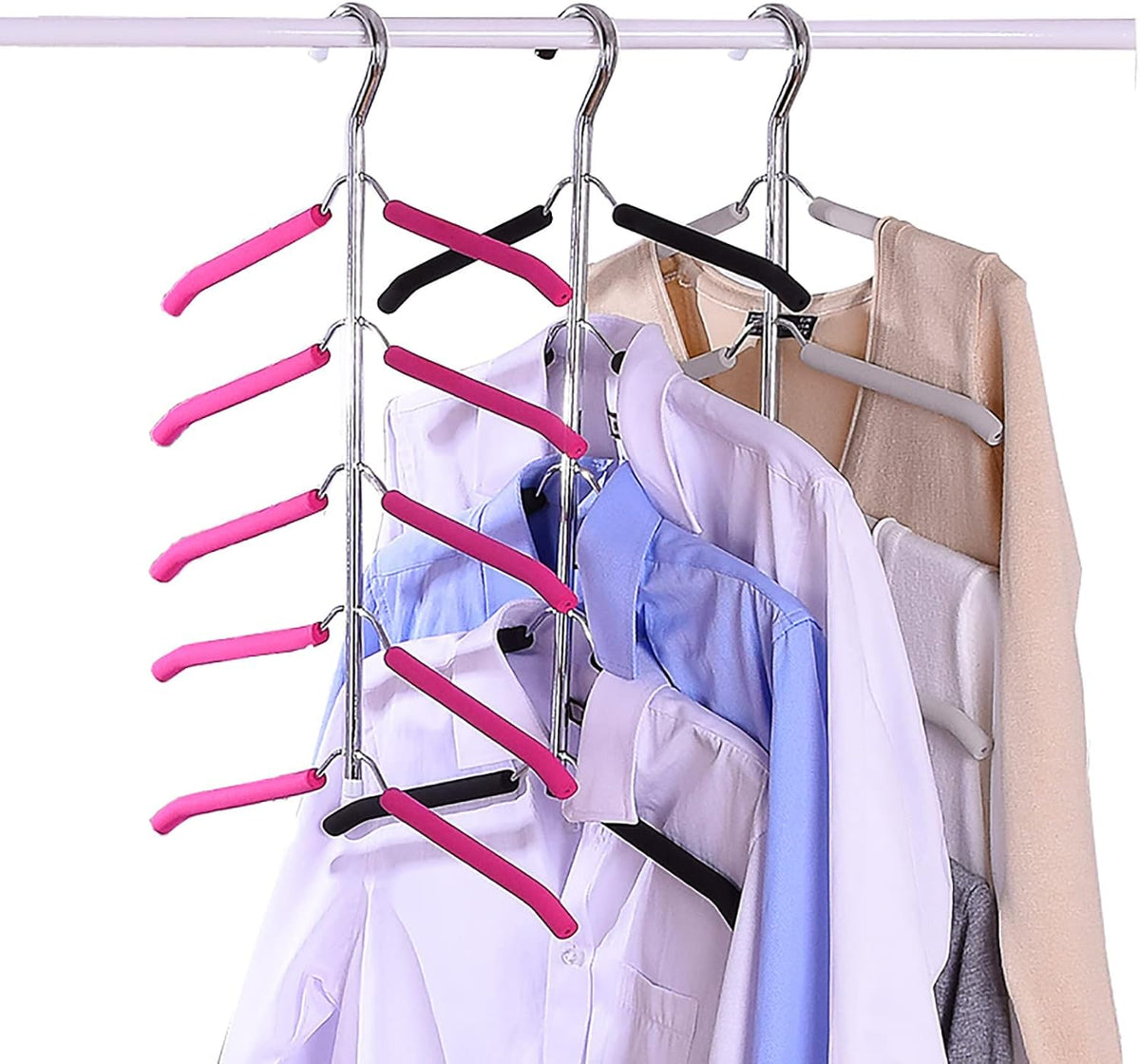 Multi-Layer Stainless Steel Clothes Hangers - 3 Pack 5-in-1 Non-Slip Space-Saving Blouse Tree Organizers (Grey)