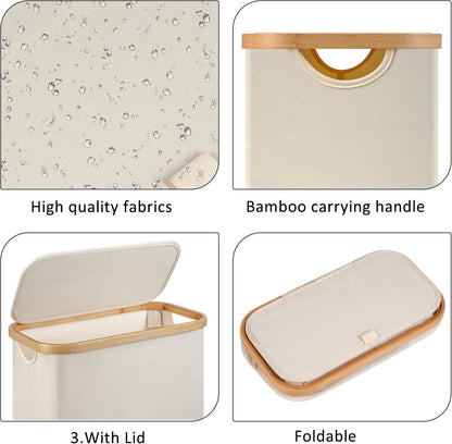 Slim Narrow Laundry Hamper with Lid, 60L Capacity, Bamboo Handle for Efficient Towel and Clothing Organization, Beige
