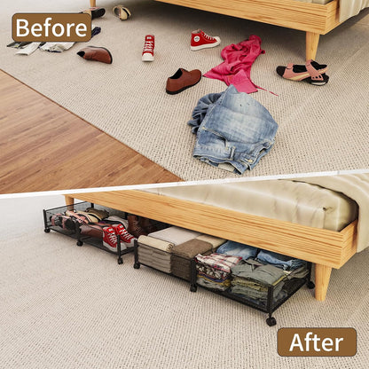 Large Rolling Under Bed Storage Container with Wheels, 31.5In / 35L, Tool-Free Assembly Metal Organizer for Shoes, Clothes, and Toys