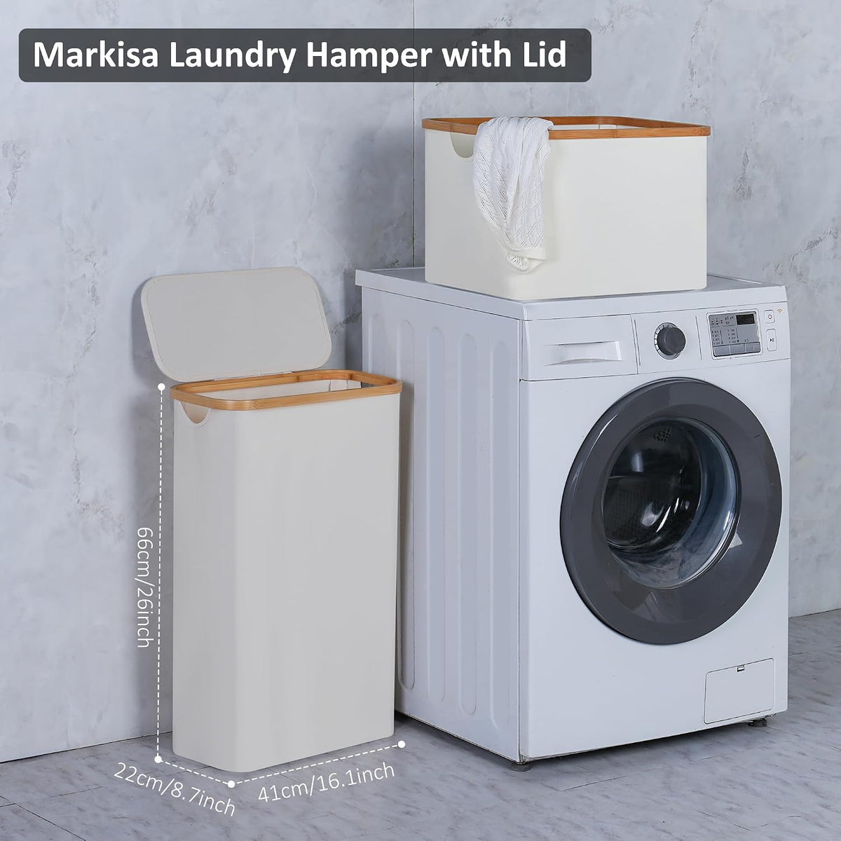 Slim Narrow Laundry Hamper with Lid, 60L Capacity, Bamboo Handle for Efficient Towel and Clothing Organization, Beige