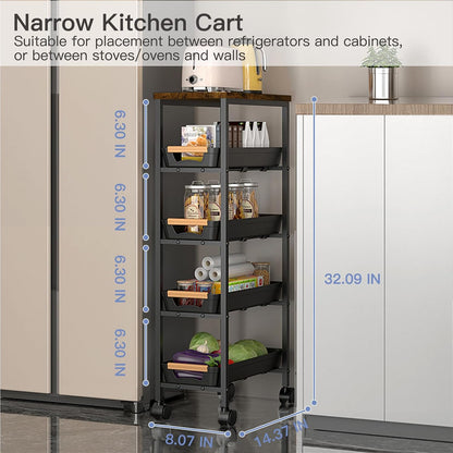 Narrow 5-Tier Rolling Storage Cart with Wood Top in Black