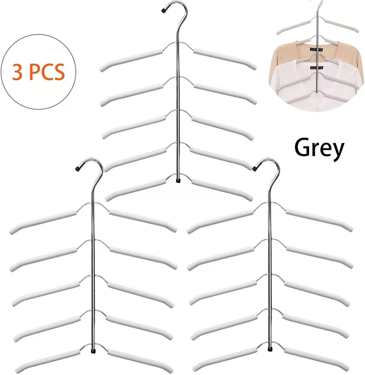 Multi-Layer Stainless Steel Clothes Hangers - 3 Pack 5-in-1 Non-Slip Space-Saving Blouse Tree Organizers (Grey)