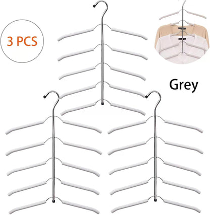 Multi-Layer Stainless Steel Clothes Hangers - 3 Pack 5-in-1 Non-Slip Space-Saving Blouse Tree Organizers (Grey)