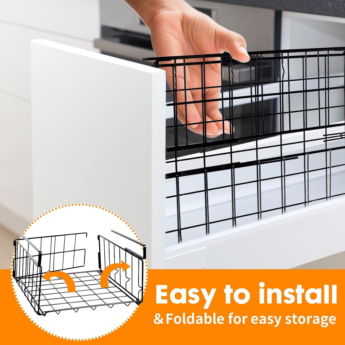 Under-Shelf Storage Baskets, 2-Pack Foldable Metal Wire Racks for Kitchen, Pantry, Office, and Home Organization - Easy Installation (Black)