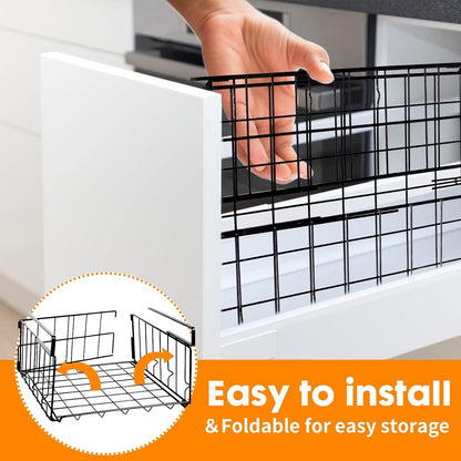 Under-Shelf Storage Baskets, 2-Pack Foldable Metal Wire Racks for Kitchen, Pantry, Office, and Home Organization - Easy Installation (Black)
