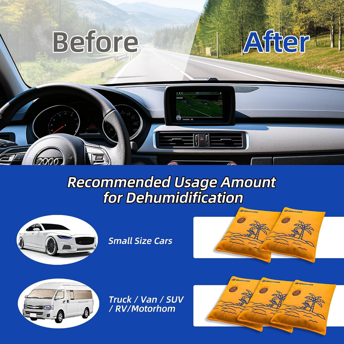500G Rechargeable Car Dehumidifier Moisture Absorber Bags, Reusable Color-Indicating Silica Gel Packets, Microwave-Reactivated Desiccant Packs for Automotive and Home Use