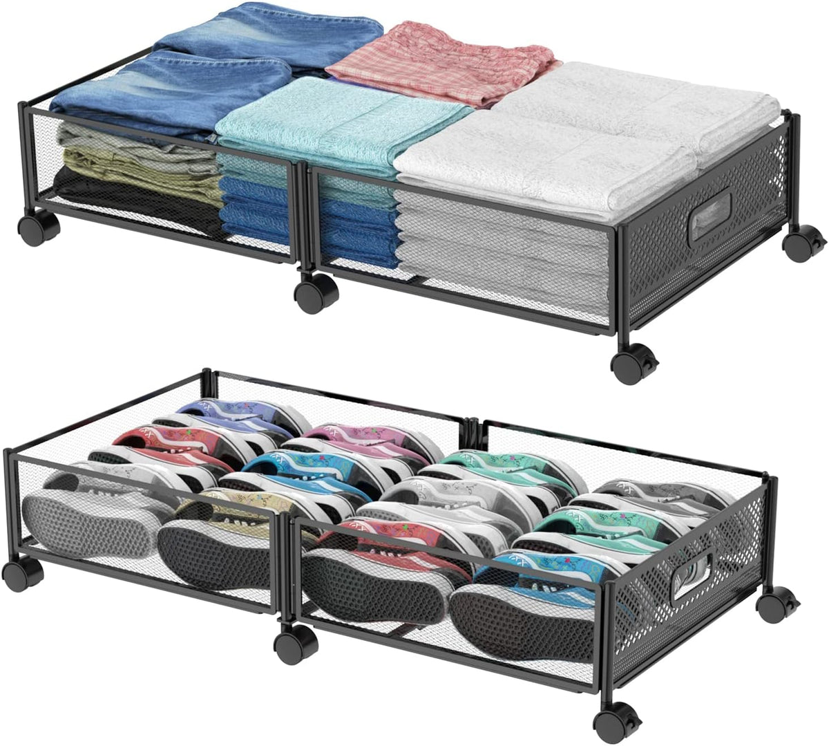Large Rolling Under Bed Storage Container with Wheels, 31.5In / 35L, Tool-Free Assembly Metal Organizer for Shoes, Clothes, and Toys
