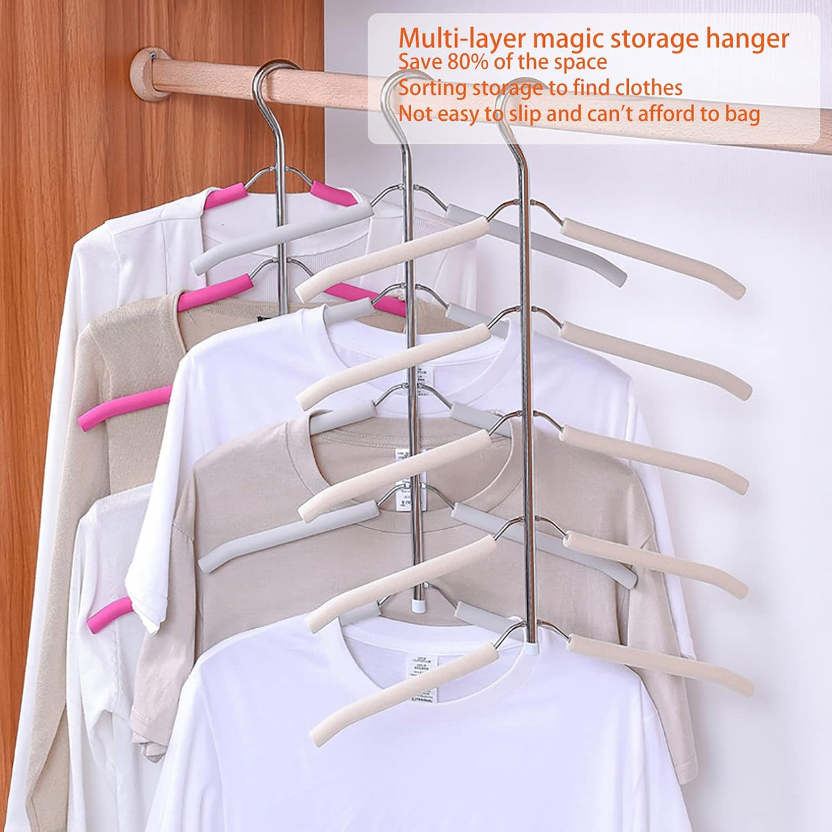 Multi-Layer Stainless Steel Clothes Hangers - 3 Pack 5-in-1 Non-Slip Space-Saving Blouse Tree Organizers (Grey)
