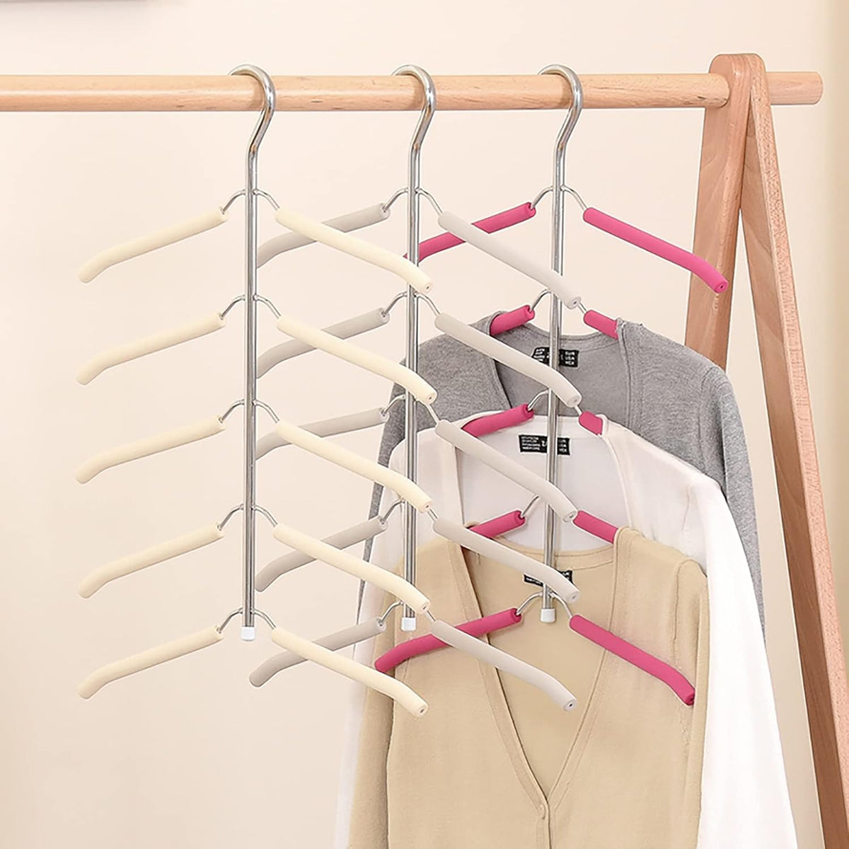 Multi-Layer Stainless Steel Clothes Hangers - 3 Pack 5-in-1 Non-Slip Space-Saving Blouse Tree Organizers (Grey)