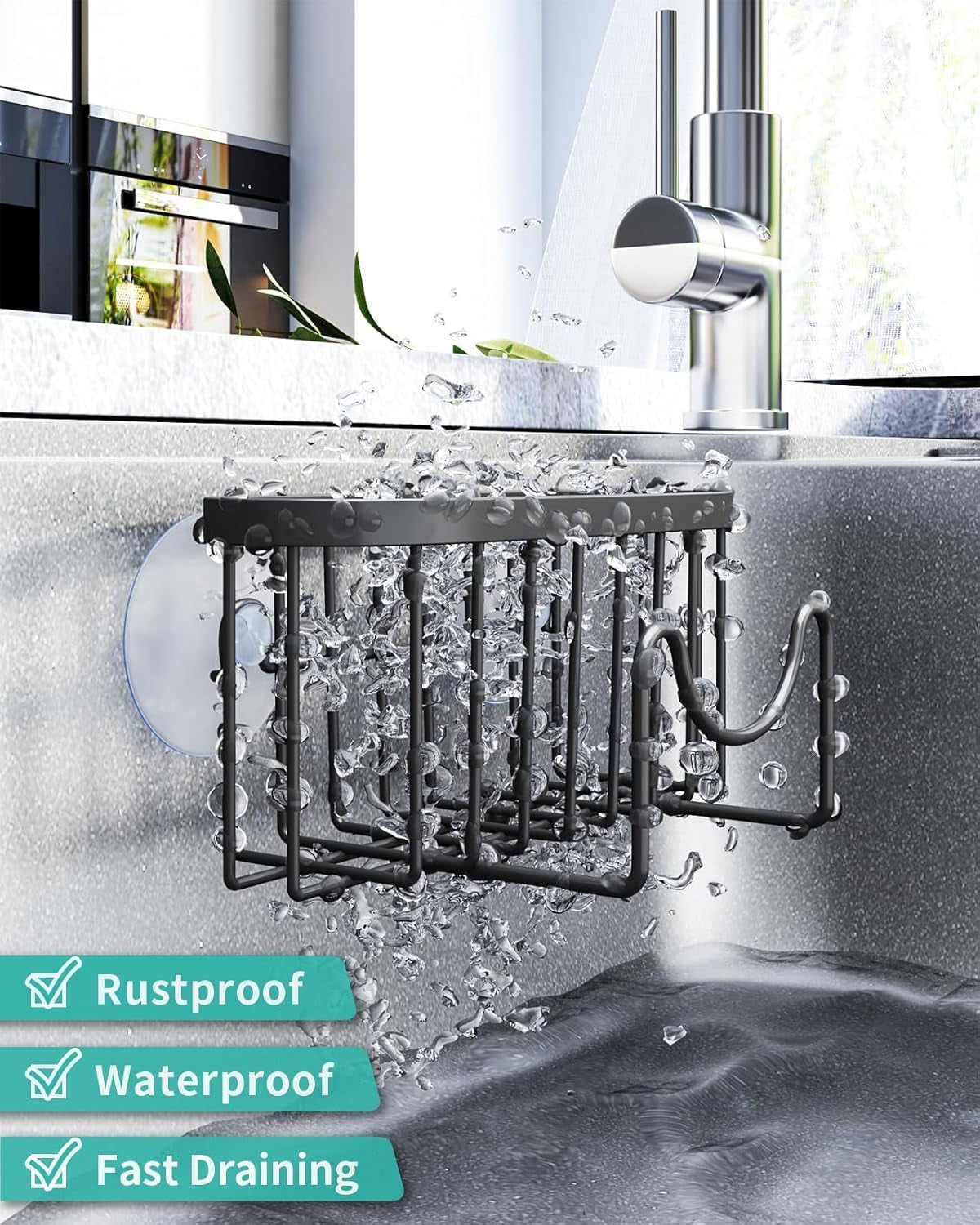 Multifunctional M-Shaped Sponge Holder with Dual Installation Options - Rustproof Stainless Steel Kitchen Sink Organizer in Black
