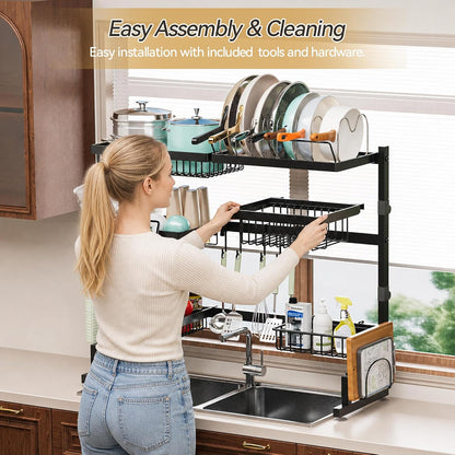 Expandable Over-Sink Dish Drying Rack with Snap-On Design - Large Dish Drainer and Storage Organizer (32-40L x 12W x 34-38H inches)
