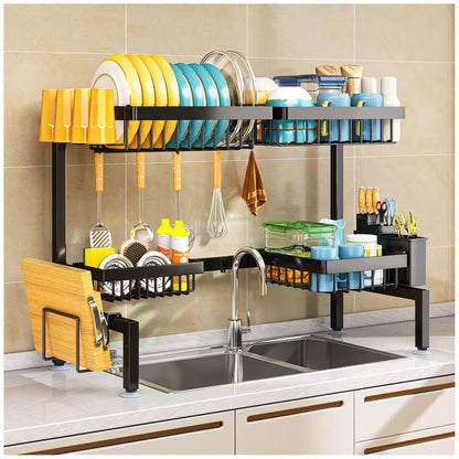 Adjustable 35.4-Inch 2-Tier Over-Sink Dish Drying Rack with 4 Baskets - Complete Kitchen Organizer in Black