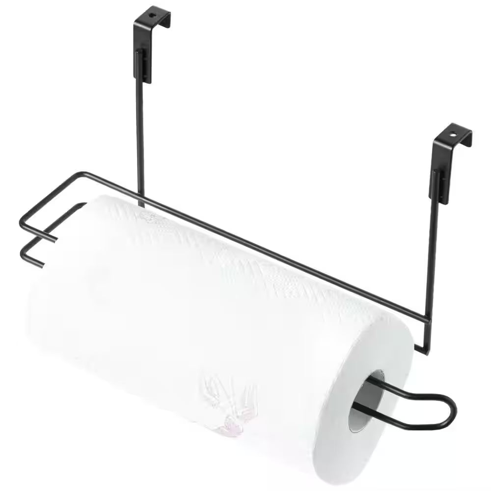 Over-the-Cabinet Hanging Paper Towel Holder and Organizer Rack for Kitchen and Under-Sink Storage, Black