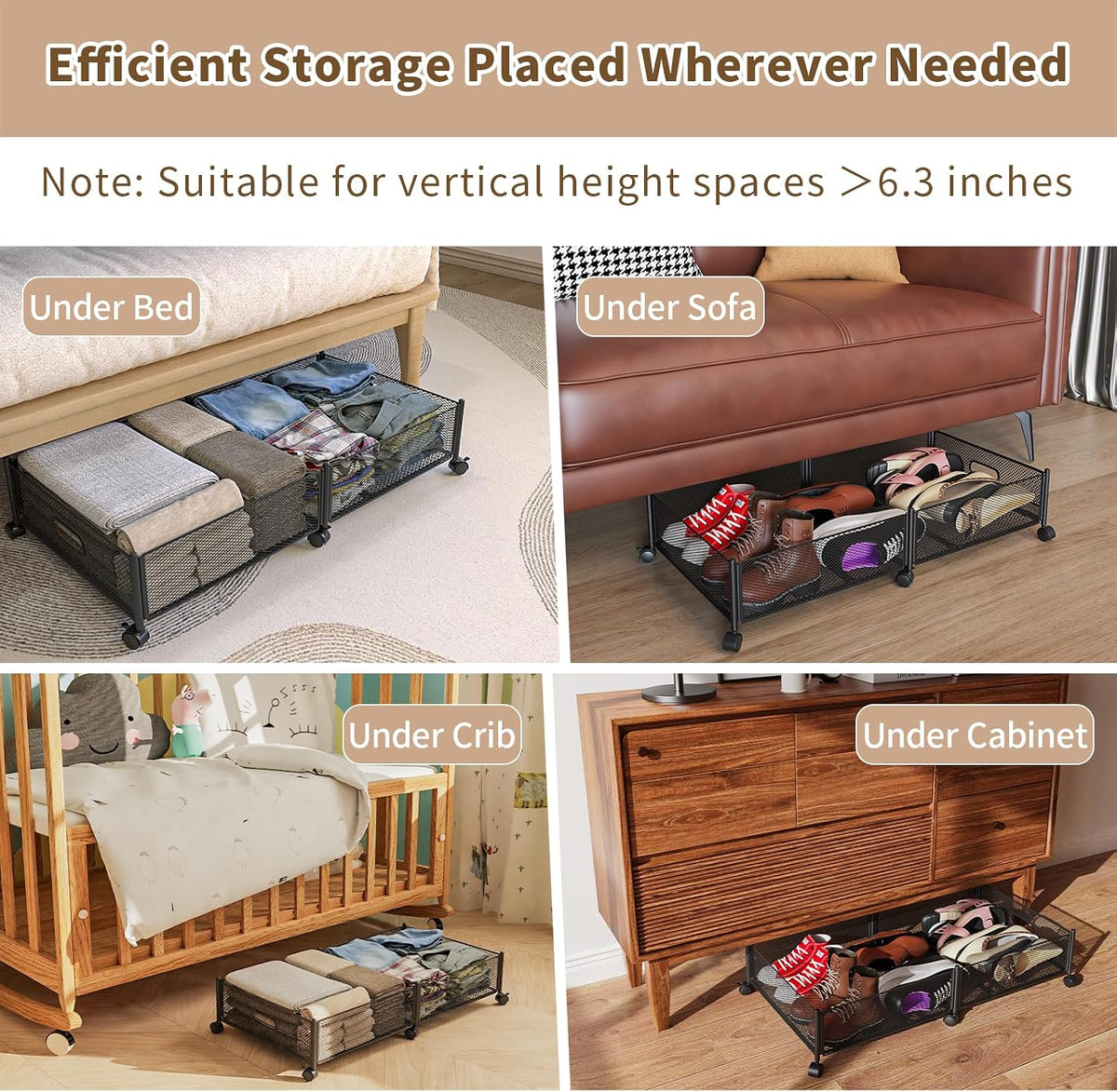 Large Rolling Under Bed Storage Container with Wheels, 31.5In / 35L, Tool-Free Assembly Metal Organizer for Shoes, Clothes, and Toys