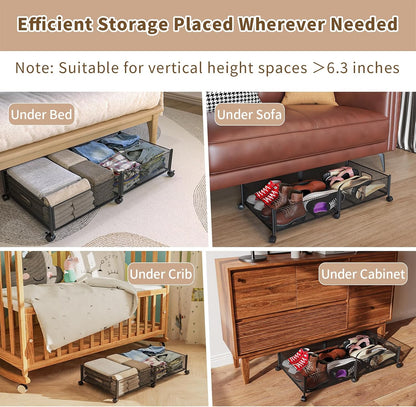 Large Rolling Under Bed Storage Container with Wheels, 31.5In / 35L, Tool-Free Assembly Metal Organizer for Shoes, Clothes, and Toys