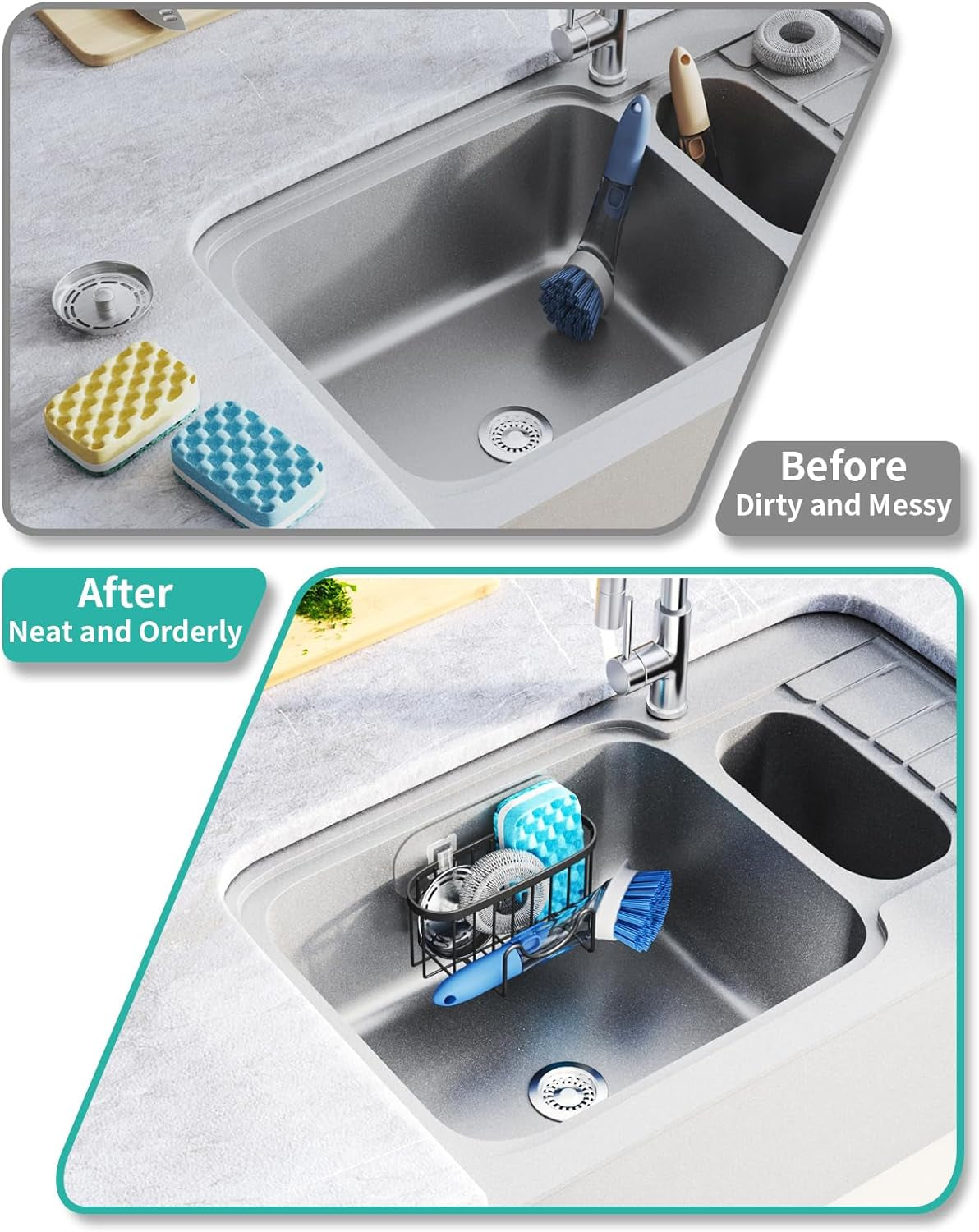 Multifunctional M-Shaped Sponge Holder with Dual Installation Options - Rustproof Stainless Steel Kitchen Sink Organizer in Black
